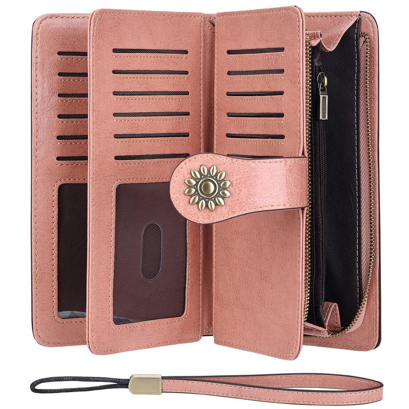 Lavemi Womens Large Capacity Genuine Leather RFID Blocking Wallets Wristlet Clutch Card Holder(1- Dark Pink) - Image 3